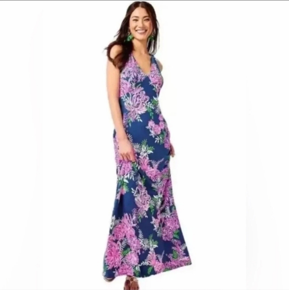 Lilly Pulitzer Noemi Maxi Dress Size XL Oyster Bay Navy Ruffle Your Feathers